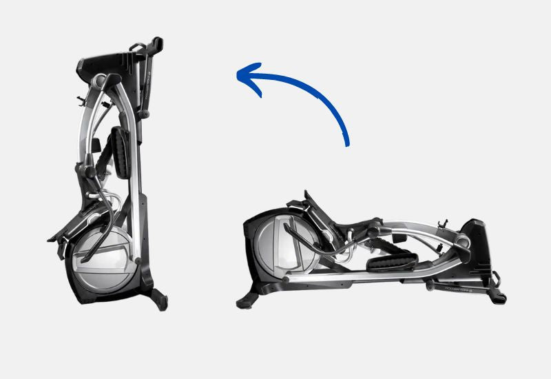 Nordic Track SE7i Elliptical Trainer. Two images both showing the cross trainer folded down with one standing vertically and the other lying horizontally. 