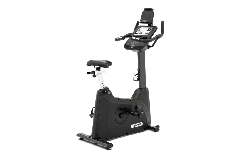 Spirit XBU55 ENT Upright Bike with Touch Console angled rear view left to right.