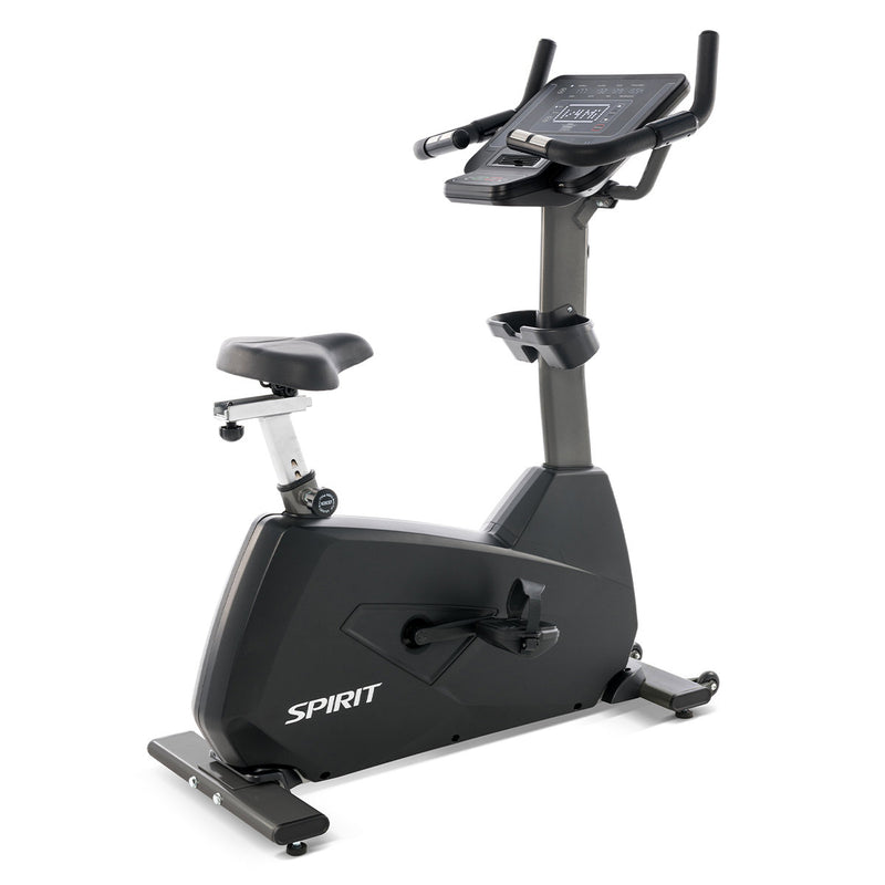 Spirit CU800+ Upright bike in Graphite Grey built for commercial establishments viewed from the rear