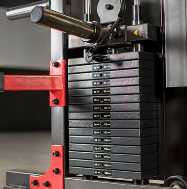 An image of one of  the 90kg  weight stacks on the BHG145 Power Smith. Fitness Options. Nottingham's leading fitness & gym equipment supplier. BH G145 