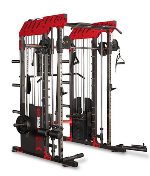 An image taken from the front at an angle showing the BH Power Smith with dual 90kg weight stacks. Fitness Options. Nottingham's leading fitness & gym equipment supplier.
