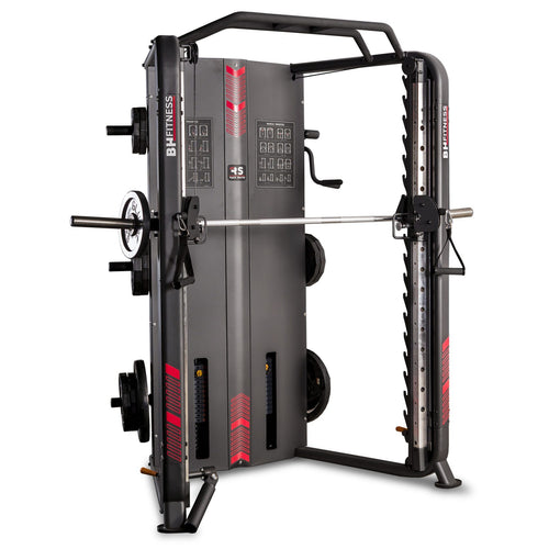 An image of the BH G160 Rack Smith taken from the front of the machine showing an Olympic barbell and weight plates plus two weight stacks. 