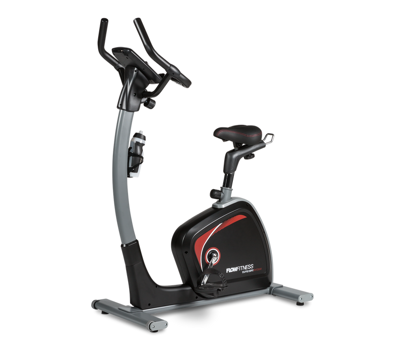 An angled view of the Flow Fitness DHT 2500i Upright Bike. Fitness Options. Nottingham's leading fitness & gym equipment supplier.