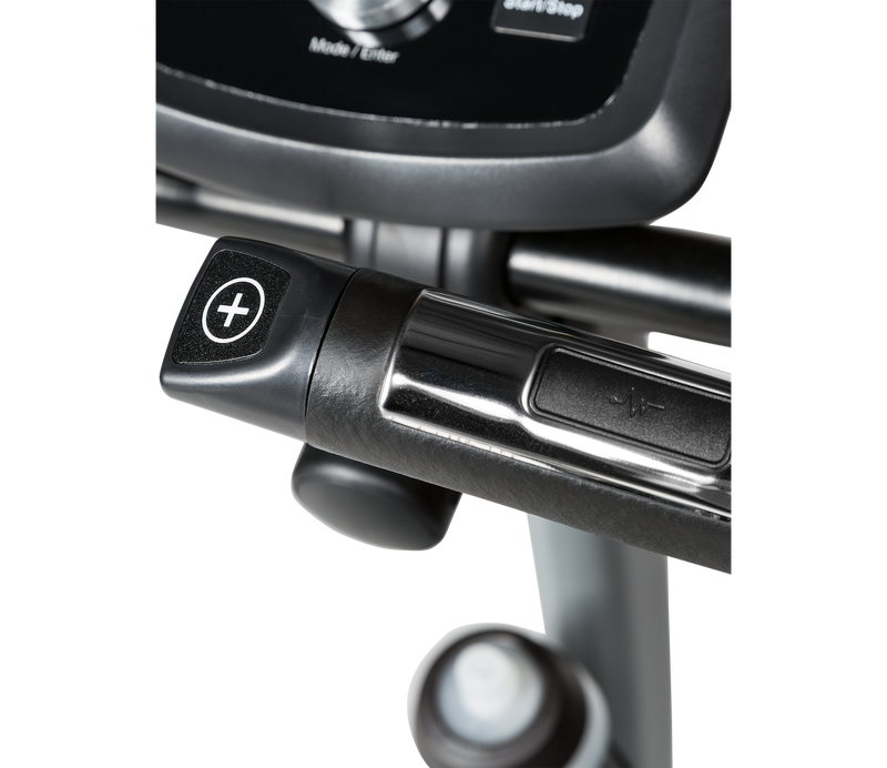 Flow Fitness DHT 2500i Upright Bike close up of hand grip pulse and remote resistance button