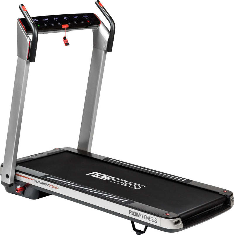 An image taken from an angle of the Flow Fitness DTM400i treadmill. Fitness Options. Nottingham's leading fitness & gym equipment supplier.