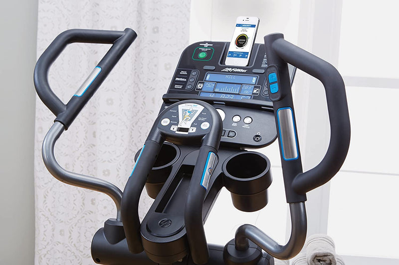 Close up image of the consoles, control on the handle bars and heart rate grips on the Life Fitness E5 Cross Trainer. Fitness Options. Nottingham's leading fitness & gym equipment supplier.