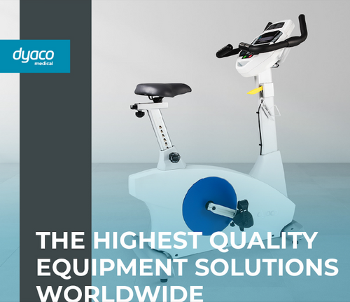 Dyaco Medical Rehabilitation Upright Bike 7.0U side view with lettering saying The Highest Quality Equipment Solutions Worldwide.