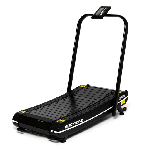 Angled view of Bodytone ZROTH Curved Treadmill with handlebar on a white background