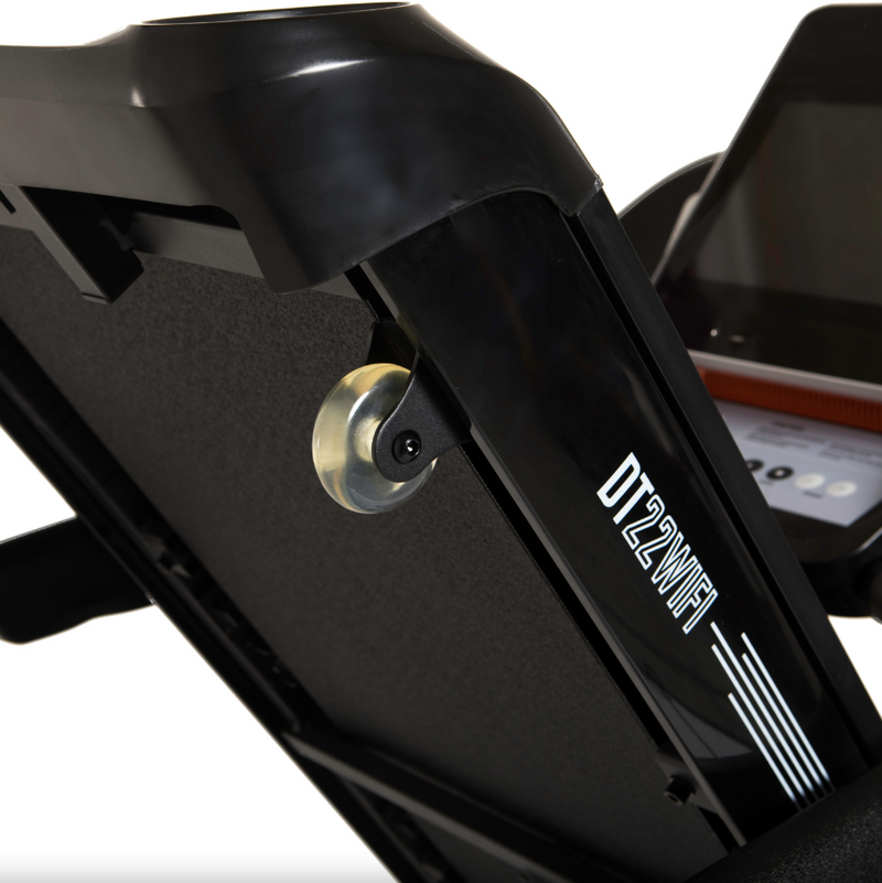 Bodytone DT22W TFT Treadmill close up of folded treadmill showing branded name of treadmill