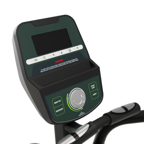 Close-up of a digital display on the console of the Bodytone EVOE4 Elliptical Crosstrainer with a white background