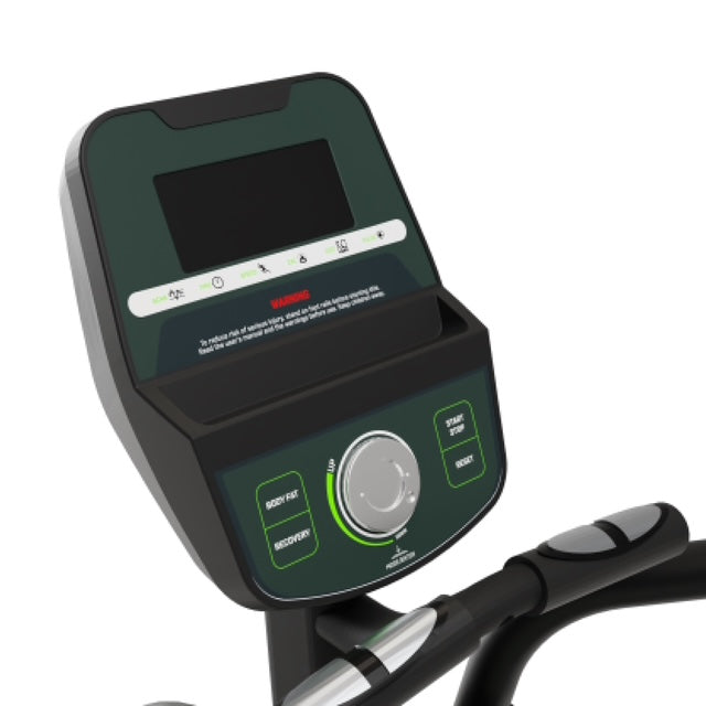 Close-up of a digital display on the console of the Bodytone EVOE4 Elliptical Crosstrainer with a white background