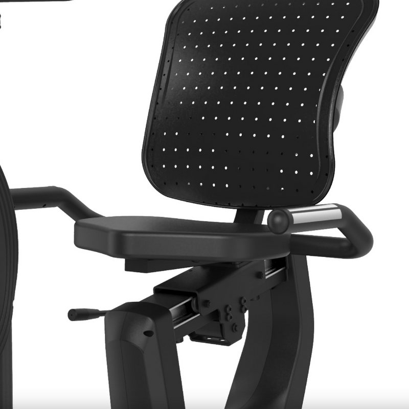 Bodytone EVOR4 Light Commercial Recumbent Bike close up of sweat resistant backrest against a white background.