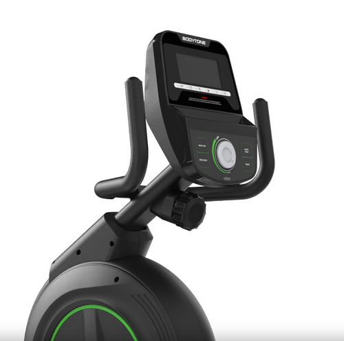 Bodytone EVOR4 Light Commercial Recumbent Bike close up of console against a white background.
