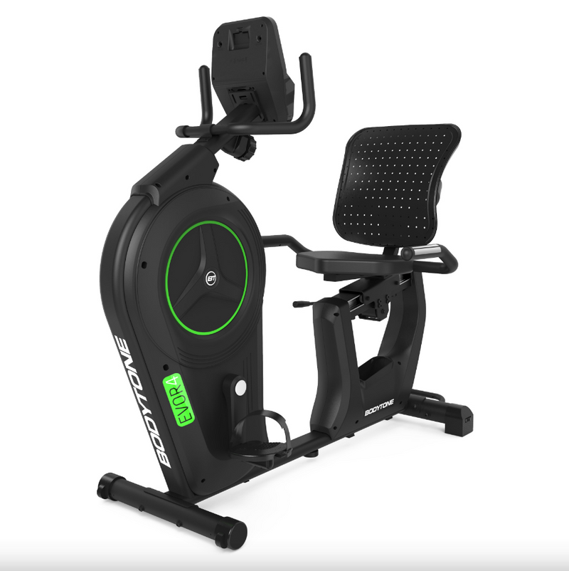 Bodytone EVOR4 Light Commercial Recumbent Bike angled front view against a white background.