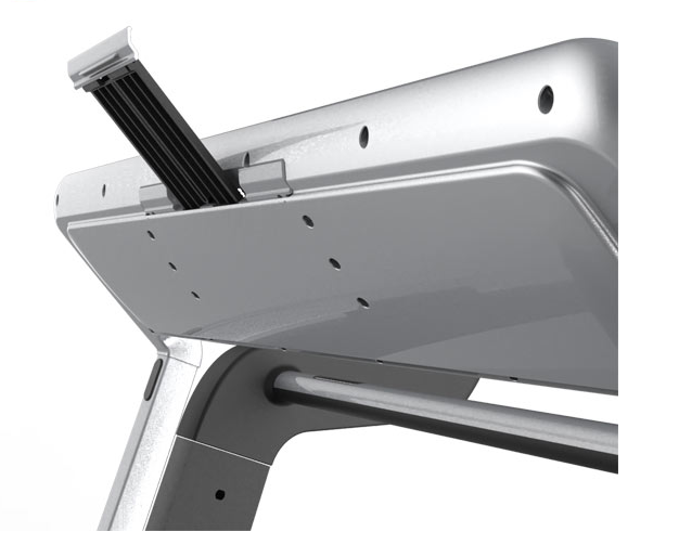 Bodytone EVOT4S light commercial treadmill close up of tablet holder against a white background.