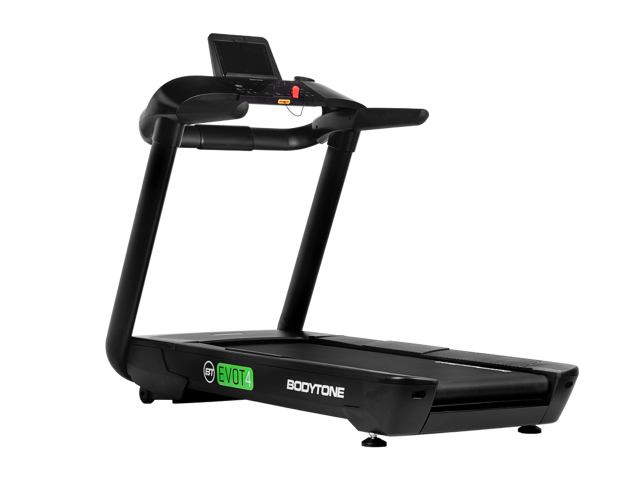 Angled view of Bodytone EVOT4 Light Commercial treadmill on a white background