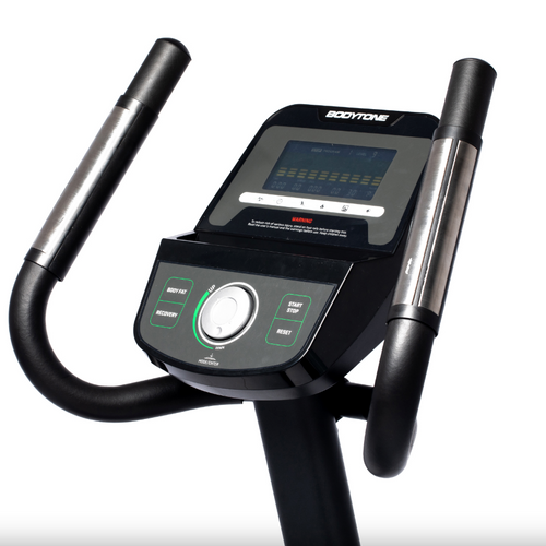 Close-up of Bodytone EVOU4 light commercial upright exercise bikes console with digital display on a white background