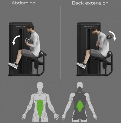 Illustration of a  Bodytone Light Commercial Dual Abdominal and Back Extension station exercise chart showing user demonstrating abdominal and back extension exercises, showing muscle activation on a grey background.