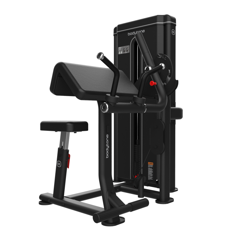 Bodytone Light Commercial Dual Bicep and Tricep station with arm in tricep position viewed from an angle from front of arm pad against a white background.