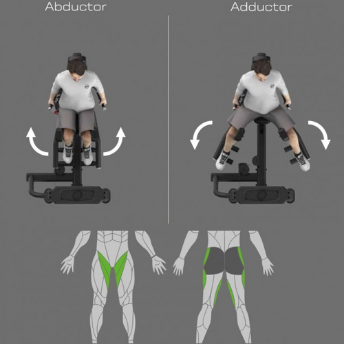 Diagram showing Bodytone Light Commercial Dual abductor and adductor exercise chart with a person using a machine and highlighting body parts against a grey background