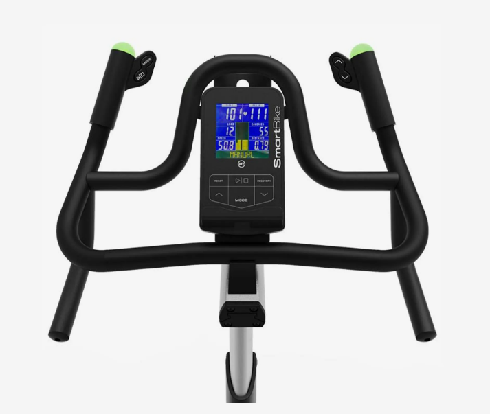 Bodytone Smart Bike V3 close up of console with blue backlit display and handle bars with control buttons
