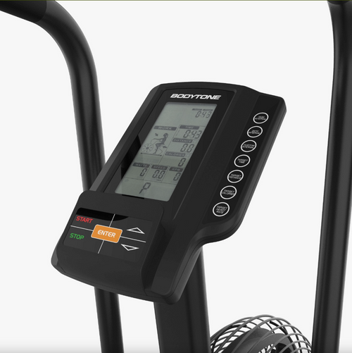 Close-up of the console's digital display on a Bodytone ZROBv1 Light Commercial Air Bike