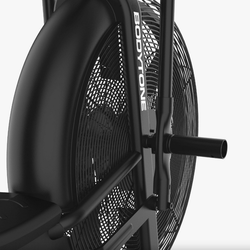Close up of Bodytone ZROBv1 Light Commercial Air Bike fan flywheel.