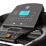 Close-up of a Bodytones DT18+ treadmill LED control panel with digital display and various buttons.