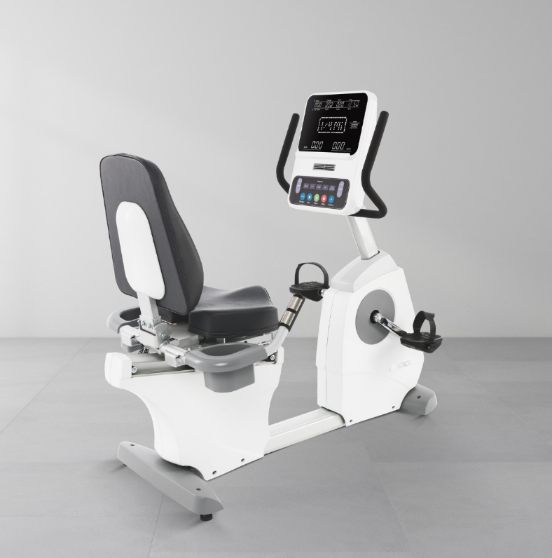 Dyaco Medical Physical Therapy Recumbent Bike 4.0R viewed from rear with no one sitting on it.