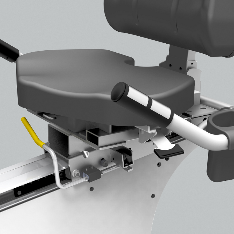 Dyaco Medical Physical Therapy Recumbent Bike 4.0R close up of seat and its yellow adjustment lever.