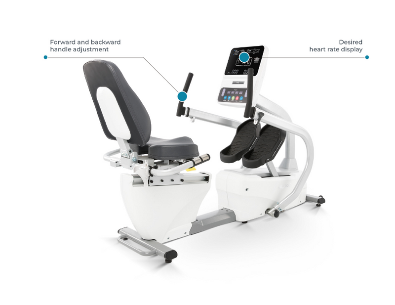 Dyaco Medical Physical Therapy Recumbent Stepper 4.0S rear view with description tags pointing out the handle bar adjustment and the heart rate display on console.