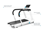 Dyaco Medical Physical Therapy Treadmill 4.0T rear view with description tags pointing to the display, full length safety rails and front and rear motors.