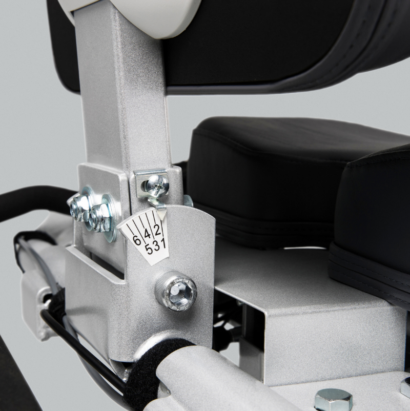 Dyaco Medical Rehabilitation 7.0R Recumbent Bike showing close up of backrest adjustment positions in numbers. These numbers show the different angle of the backrest.