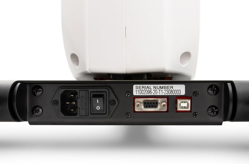 Dyaco Medical Rehabilitation Recumbent Bike 8.5R showing close up of serial number and on and off switch.