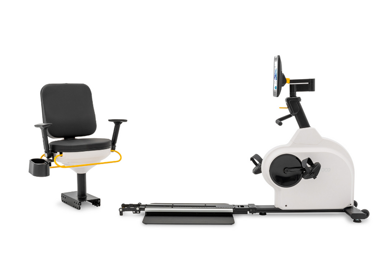 Dyaco Medical Rehabilitation Recumbent Bike 8.5R side view with seat removed from machine to allow wheelchair access