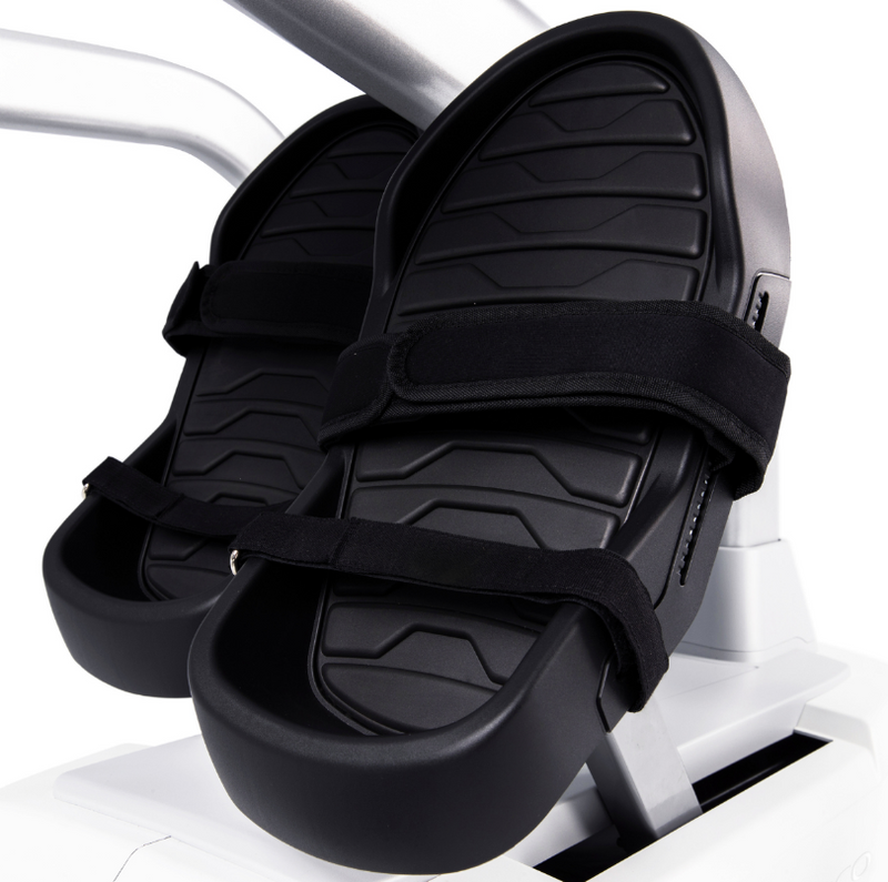 Dyaco Medical Rehabilitation Recumbent Seated Stepper 7.5S close up of footplates.