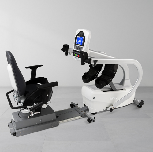 Dyaco Medical Rehabilitation Recumbent Seated Stepper 7.5S rear angled view with no one on it.