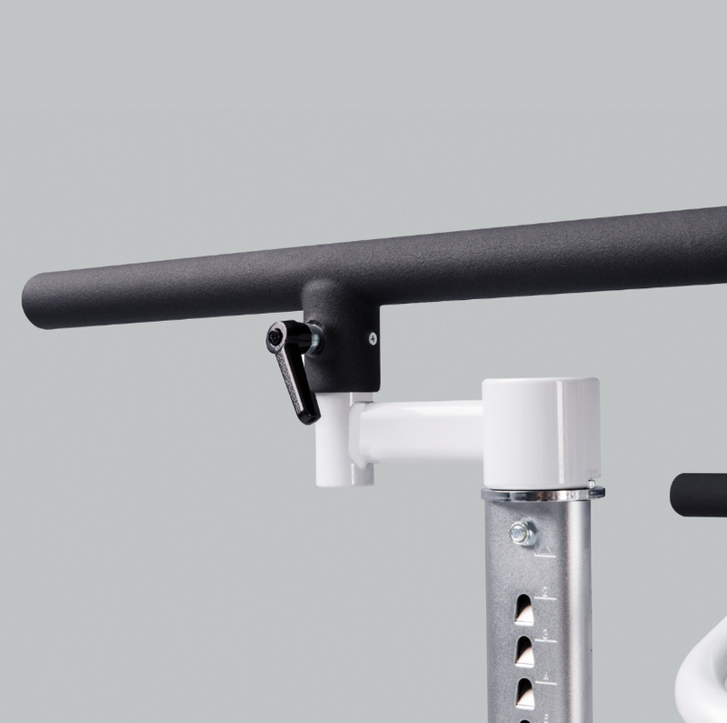 Dyaco Medical Rehabilitation Treadmill 7.0T showing close up the safety side rails height adjustment.