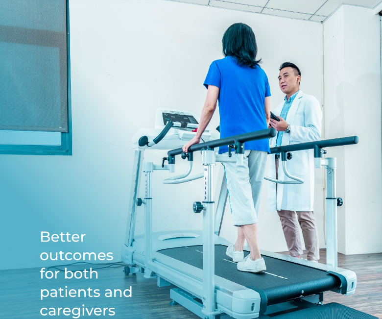Dyaco Medical Rehabilitation Treadmill 7.0T rear view of female patient walking on treadmill in gym room with therapist standing at the side of the treadmill monitoring the patients progress.