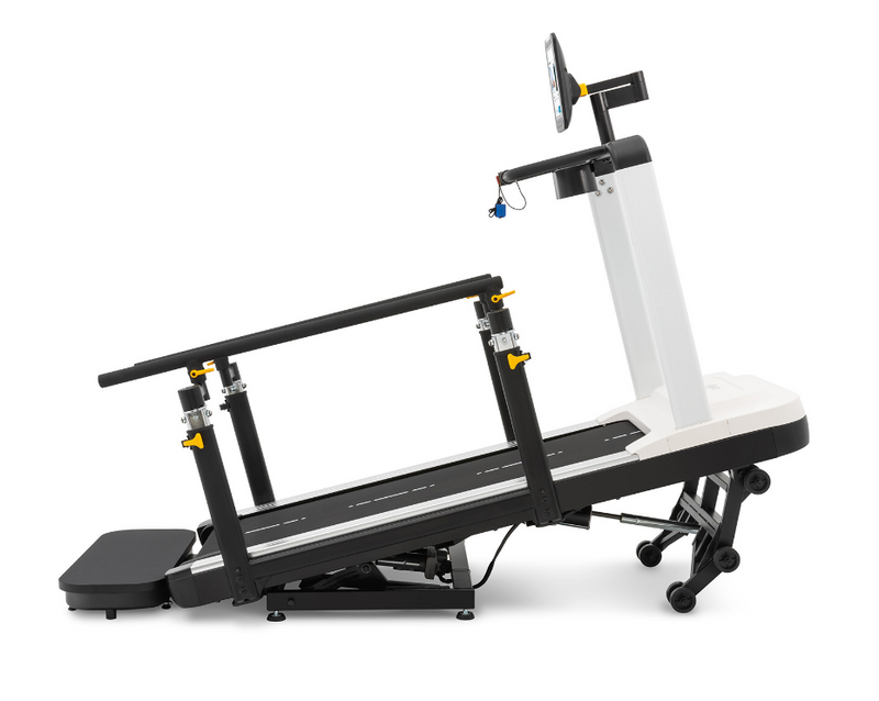 Dyaco Medical Rehabilitation Treadmill 8.0T side view showing treadmill in its highest elevation.