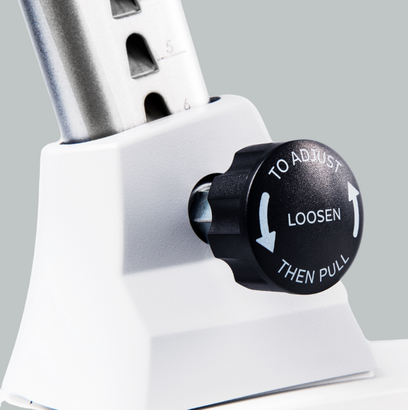 Dyaco Medical Rehabilitation Upright Bike 7.0U close up of pop pin adjustment that alters eat height.
