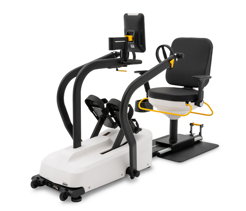 Dyaco Medical rehabilitation Recumbent Seat Stepper 8.5S side angled view from front of machine angled left to right.