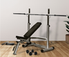Horizon Adonis bench with barbell resting on rack in room