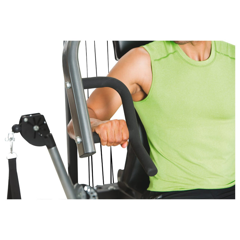 Horizon Torus 3 Gym with close up of male model holding bench press handle