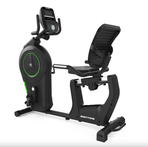 Main image Bodytone EVOR4 Light Commercial Recumbent Bike viewed from the rear at an angle on a white background.