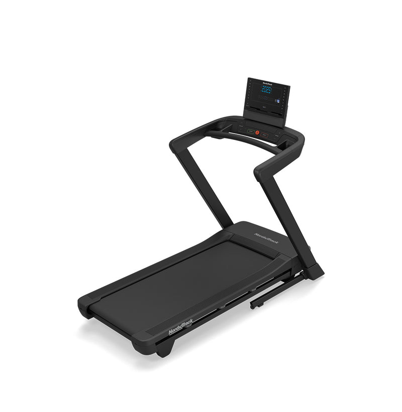 NordicTrack T Series 7 Treadmill with a black running deck overhead view on white background