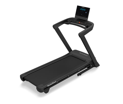 NordicTrack T Series 8 Treadmill featuring a black frame and running belt with a digital console.