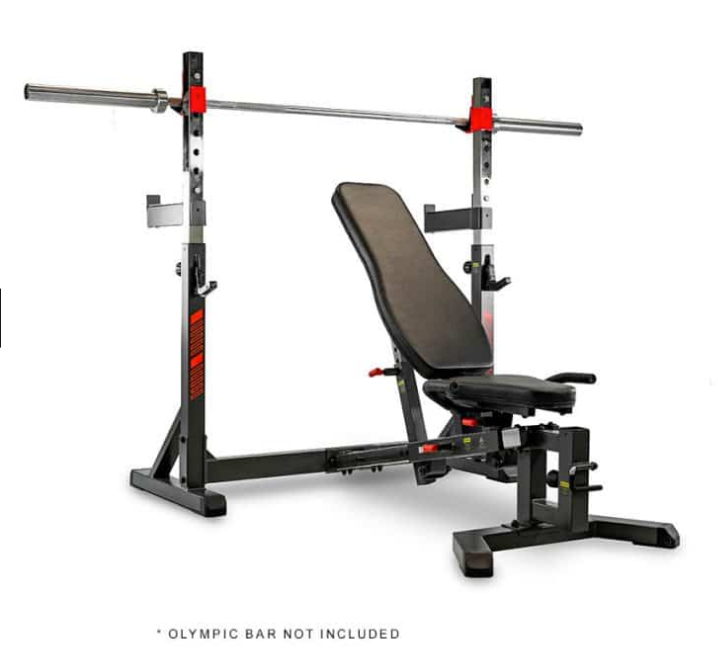 BH Olympic Rack Light Commercial Bench G510 with Olympic Bar on bar rests and bench in incline position