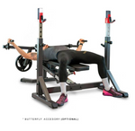 BH Butterfly accessory for BH Olympic Rack Bench G510 being used by male model