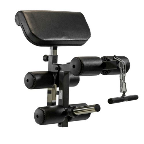 Close up of BH Leg Extension/leg curl/preacher accessory for BH Olympic Rack Bench G510
